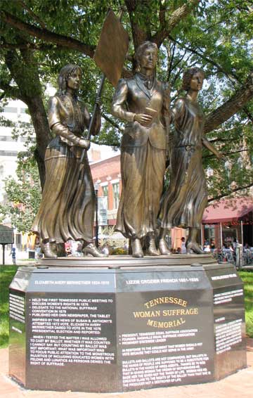 Picture of Life-size memorial Statue honoring early Tennessee Women pioneers fighting for passage of the 19th amandment giving women the right to vote.