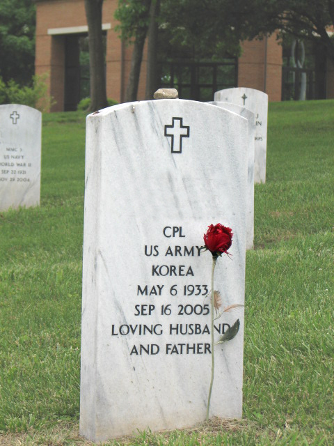 Lone Rose - Picture of bright red rose and head stone at the Tennessee Veterans' Cemetery